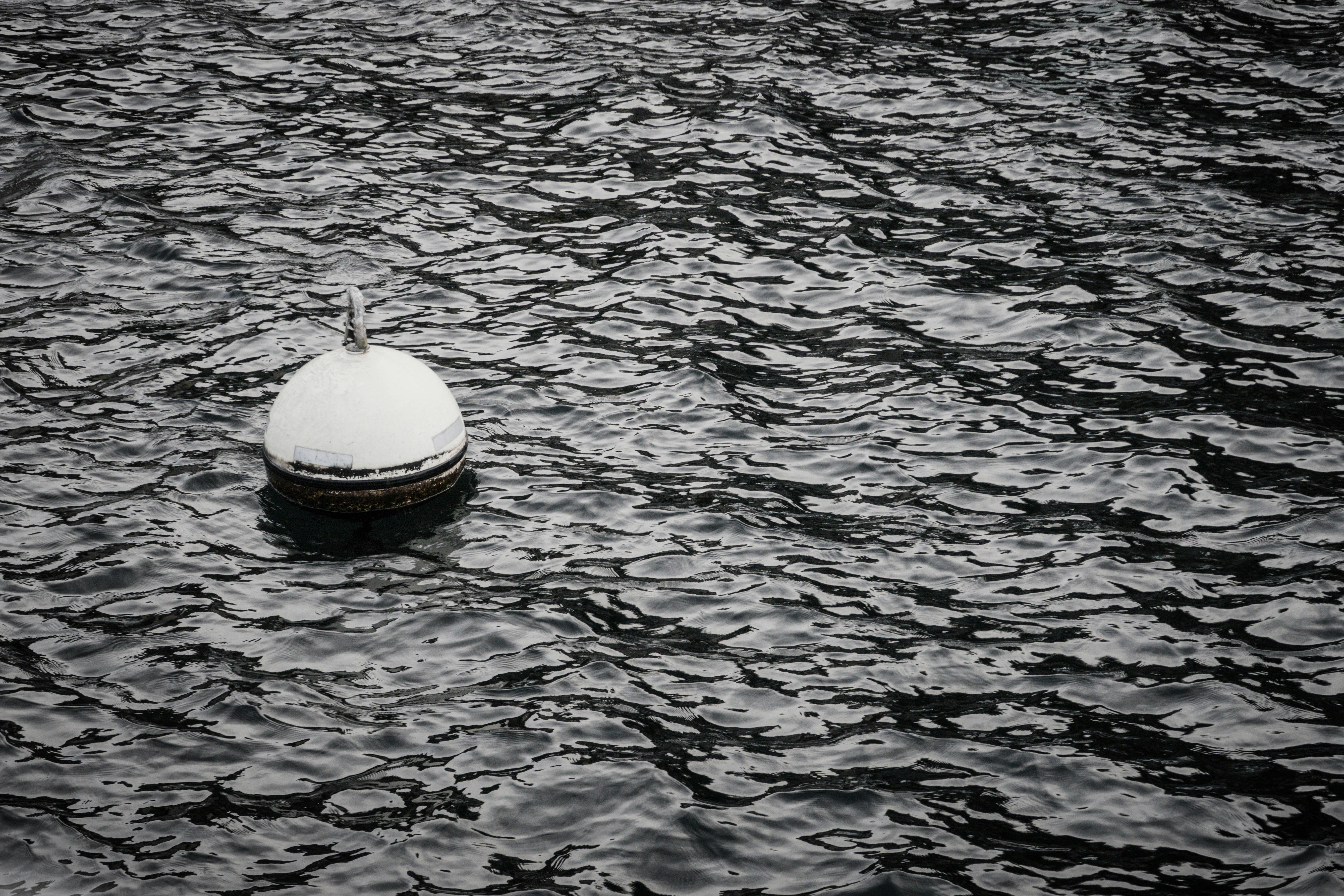 greyscale photo of bouy floating on body of water